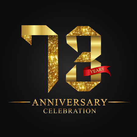 anniversary, 73 years anniversary celebration logotype. Logo,ribbon golden number on black background.Numbers ribbon gold foil.のイラスト素材