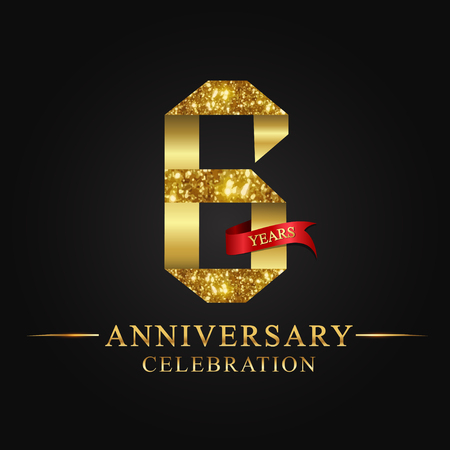 anniversary, 6 years anniversary celebration logotype. Logo,ribbon golden number on black background.Numbers ribbon gold foil.のイラスト素材