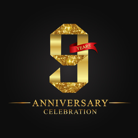 anniversary, 9 years anniversary celebration logotype. Logo,ribbon golden number on black background.Numbers ribbon gold foil.のイラスト素材