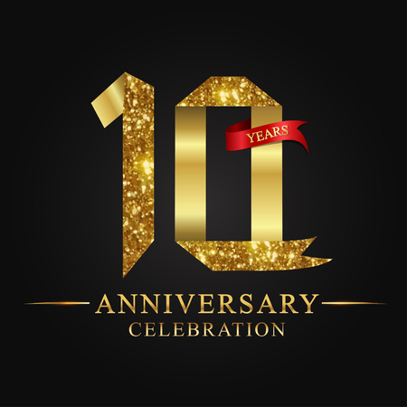 anniversary, 10 years anniversary celebration logotype. Logo,ribbon golden number on black background.Numbers ribbon gold foil.のイラスト素材