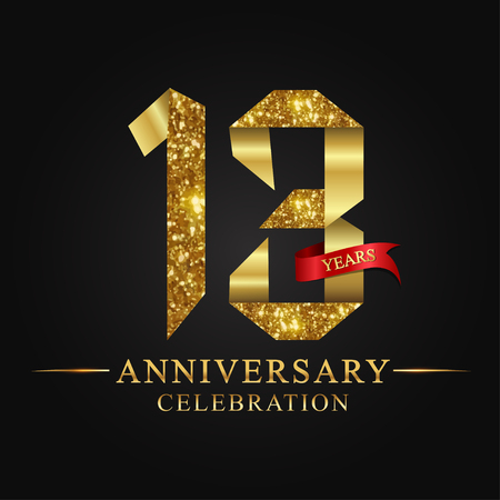 anniversary, 13 years anniversary celebration logotype. Logo,ribbon golden number on black background.Numbers ribbon gold foil.のイラスト素材