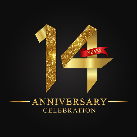 anniversary, 14 years anniversary celebration logotype. Logo,ribbon golden number on black background.Numbers ribbon gold foil.のイラスト素材