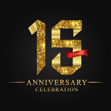 anniversary, 15 years anniversary celebration logotype. Logo,ribbon golden number on black background.Numbers ribbon gold foil.のイラスト素材