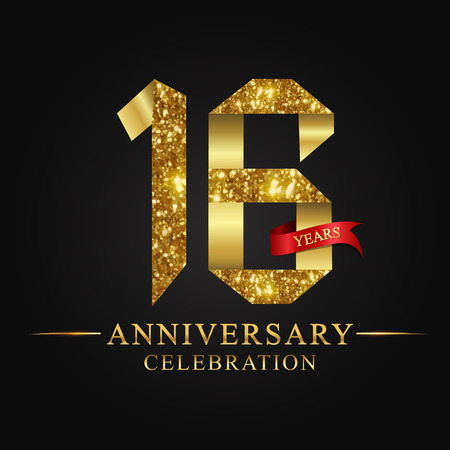 anniversary, 16 years anniversary celebration logotype. Logo,ribbon golden number on black background.Numbers ribbon gold foil.のイラスト素材
