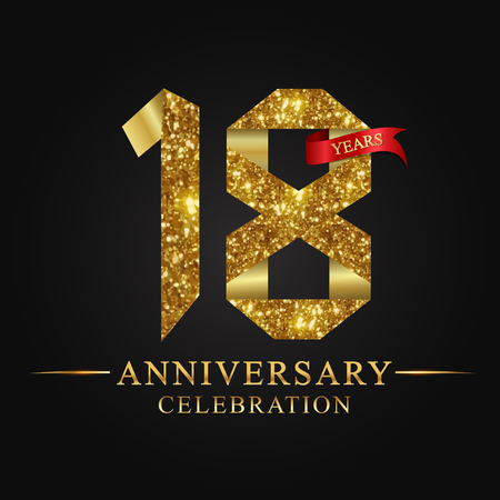 anniversary, aniversary, 18 years anniversary celebration logotype. Logo,ribbon golden number on black background.Numbers ribbon gold foil.のイラスト素材