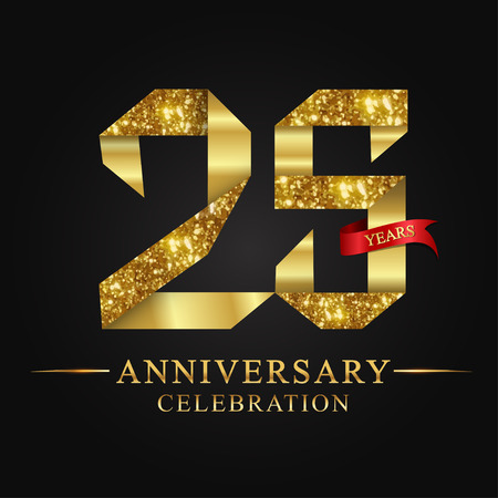 anniversary, aniversary, 25 years anniversary celebration logotype. Logo,ribbon golden number on black background.Numbers ribbon gold foil.のイラスト素材