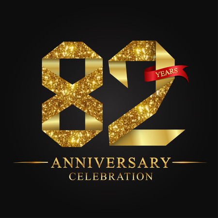 anniversary, 82 years anniversary celebration logotype. Logo,ribbon golden number on black background.Numbers ribbon gold foil.のイラスト素材