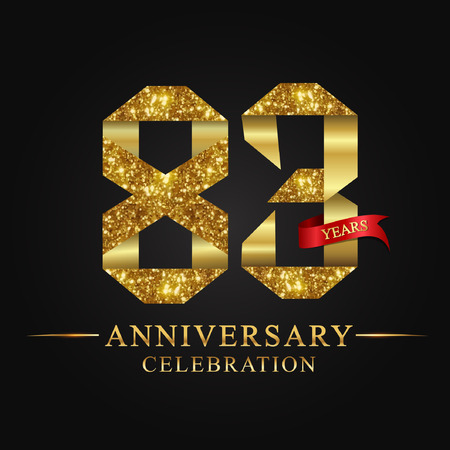 anniversary, 83 years anniversary celebration logotype. Logo,ribbon golden number on black background.Numbers ribbon gold foil.のイラスト素材