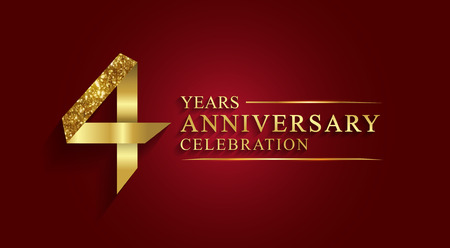 anniversary,  4 years anniversary celebration logotype. Logo,ribbon golden number on red background.Numbers ribbon gold foil.のイラスト素材