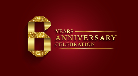 anniversary, 6 years anniversary celebration logotype. Logo,ribbon golden number on red background.Numbers ribbon gold foil.のイラスト素材