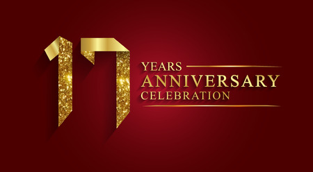 anniversary,  17 year anniversary celebration logotype. Logo,ribbon golden number on red background.Numbers ribbon gold foil.のイラスト素材