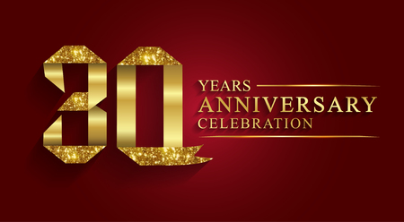 30th anniversary celebration logotype. Logo,ribbon golden number on red background.Numbers ribbon gold foil.のイラスト素材
