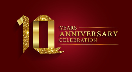 anniversary, 10 years anniversary celebration logotype. Logo,ribbon golden number on red background.Numbers ribbon gold foil.のイラスト素材