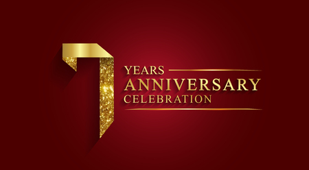 anniversary, 7 years anniversary celebration logotype. Logo,ribbon golden number on red background.Numbers ribbon gold foil.のイラスト素材