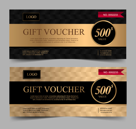 Voucher template with gold and certificate. Background design coupon, invitation, currency. Set of stylish gift voucher gold and black pattern for gift card, coupon.のイラスト素材