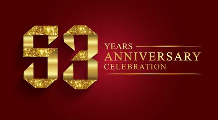 53 years anniversary celebration greeting. Ribbon golden number on red background.Numbers ribbon gold foil.のイラスト素材