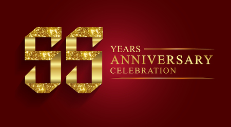 55 years anniversary celebration greeting. Ribbon golden number on red background.Numbers ribbon gold foil.のイラスト素材