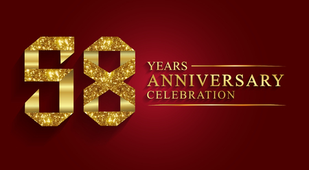 58 years anniversary celebration greeting. Ribbon golden number on red background.Numbers ribbon gold foil.のイラスト素材