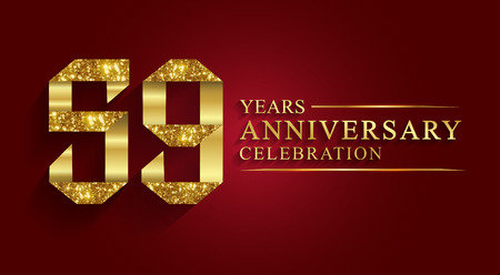 59 years anniversary celebration greeting. Ribbon golden number on red background.Numbers ribbon gold foil.のイラスト素材