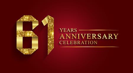 61 years anniversary celebration greeting. Ribbon golden number on red background.Numbers ribbon gold foil.のイラスト素材
