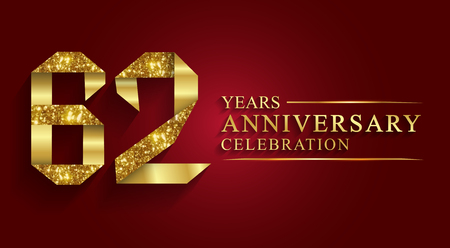 62 years anniversary celebration greeting. Ribbon golden number on red background.Numbers ribbon gold foil.のイラスト素材