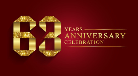 63 years anniversary celebration greeting. Ribbon golden number on red background.Numbers ribbon gold foil.のイラスト素材