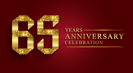 65 years anniversary celebration greeting. Ribbon golden number on red background.Numbers ribbon gold foil.のイラスト素材