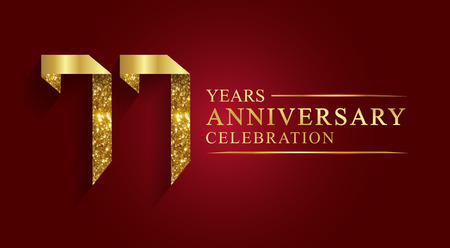 77 years anniversary celebration greeting. Ribbon golden number on red background.Numbers ribbon gold foil.のイラスト素材