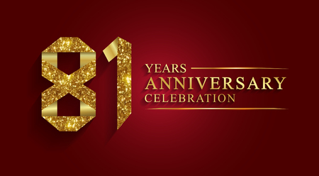81 years anniversary celebration greeting. Ribbon golden number on red background.Numbers ribbon gold foil.のイラスト素材