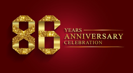 86 years anniversary celebration greeting. Ribbon golden number on red background.Numbers ribbon gold foil.のイラスト素材