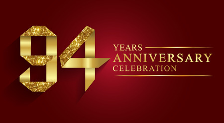 94 years anniversary celebration greeting. Ribbon golden number on red background.Numbers ribbon gold foil.のイラスト素材