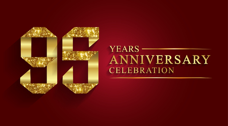 95 years anniversary celebration greeting. Ribbon golden number on red background.Numbers ribbon gold foil.のイラスト素材
