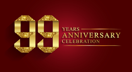 99 years anniversary celebration greeting. Ribbon golden number on red background.Numbers ribbon gold foil.のイラスト素材