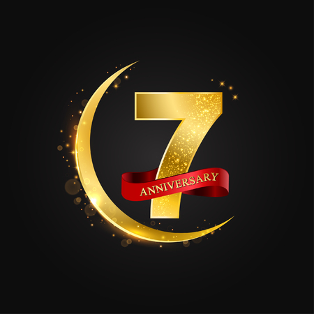 Eid al Adha 7 years anniversary.Pattern with arabic golden, gold half moon and glitter.Vector illustration of greeting cards, covers, prints.のイラスト素材