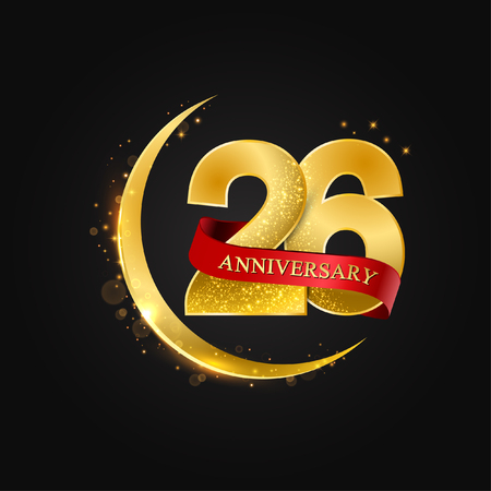 Eid al Adha 26 years anniversary.Pattern with arabic golden, gold half moon and glitter.Vector illustration of greeting cards, covers, prints.のイラスト素材
