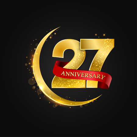 Eid al Adha 27 years anniversary.Pattern with arabic golden, gold half moon and glitter.Vector illustration of greeting cards, covers, prints.のイラスト素材