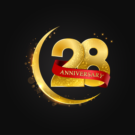 Eid al Adha 28 years anniversary.Pattern with arabic golden, gold half moon and glitter.Vector illustration of greeting cards, covers, prints.のイラスト素材