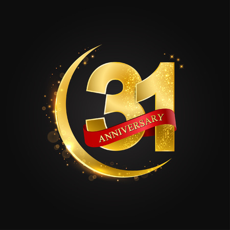 Eid al Adha 31 years anniversary.Pattern with arabic golden, gold half moon and glitter.Vector illustration of greeting cards, covers, prints.のイラスト素材