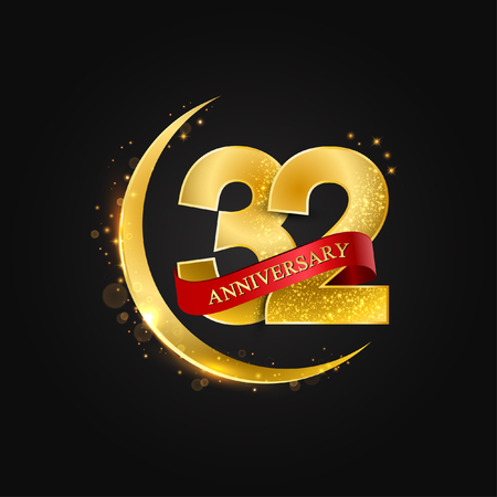 Eid al Adha 32 years anniversary.Pattern with arabic golden, gold half moon and glitter.Vector illustration of greeting cards, covers, prints.のイラスト素材