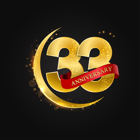 Eid al Adha 33 years anniversary.Pattern with arabic golden, gold half moon and glitter.Vector illustration of greeting cards, covers, prints.のイラスト素材