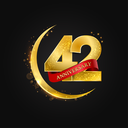 Eid al Adha 42 years anniversary.Pattern with arabic golden, gold half moon and glitter.Vector illustration of greeting cards, covers, prints.のイラスト素材
