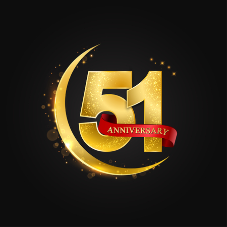 Eid al Adha 51 years anniversary.Pattern with arabic golden, gold half moon and glitter.Vector illustration of greeting cards, covers, prints.のイラスト素材