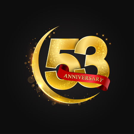 Eid al Adha 53 years anniversary.Pattern with arabic golden, gold half moon and glitter.Vector illustration of greeting cards, covers, prints.のイラスト素材