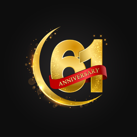 Eid al Adha 61 years anniversary.Pattern with arabic golden, gold half moon and glitter.Vector illustration of greeting cards, covers, prints.のイラスト素材