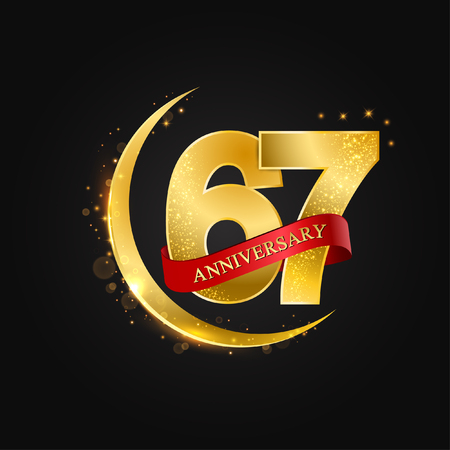 Eid al Adha 67 years anniversary.Pattern with arabic golden, gold half moon and glitter.Vector illustration of greeting cards, covers, prints.のイラスト素材