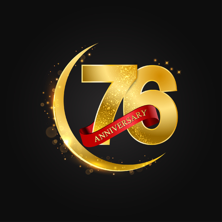 Eid al Adha 76 years anniversary.Pattern with arabic golden, gold half moon and glitter.Vector illustration of greeting cards, covers, prints.のイラスト素材