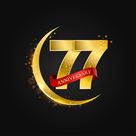 Eid al Adha 77 years anniversary.Pattern with arabic golden, gold half moon and glitter.Vector illustration of greeting cards, covers, prints.のイラスト素材