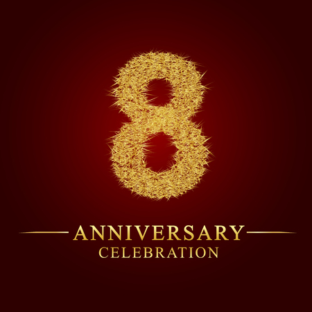 8 years anniversary celebration logotype. Logo gold pile of dry rice on red background. Number nest and fuzz gold foil.のイラスト素材