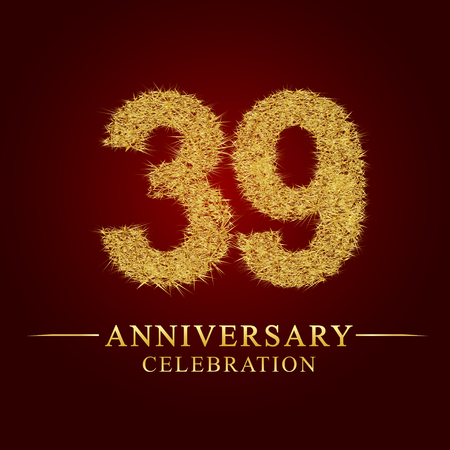 39 years anniversary celebration logotype. Logo gold pile of dry rice on red background. Number nest and fuzz gold foil.のイラスト素材