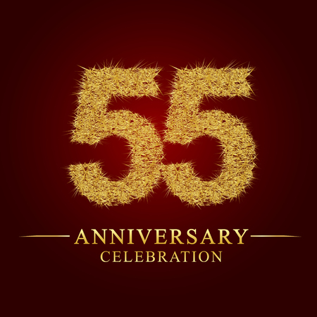 55 years anniversary celebration logotype. Logo gold pile of dry rice on red background. Number nest and fuzz gold foil.のイラスト素材